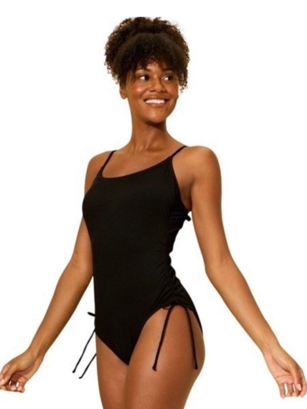 Black Ribbed Texture One Piece Swimsuit Modern Basic Classic Bathing Suit Medium